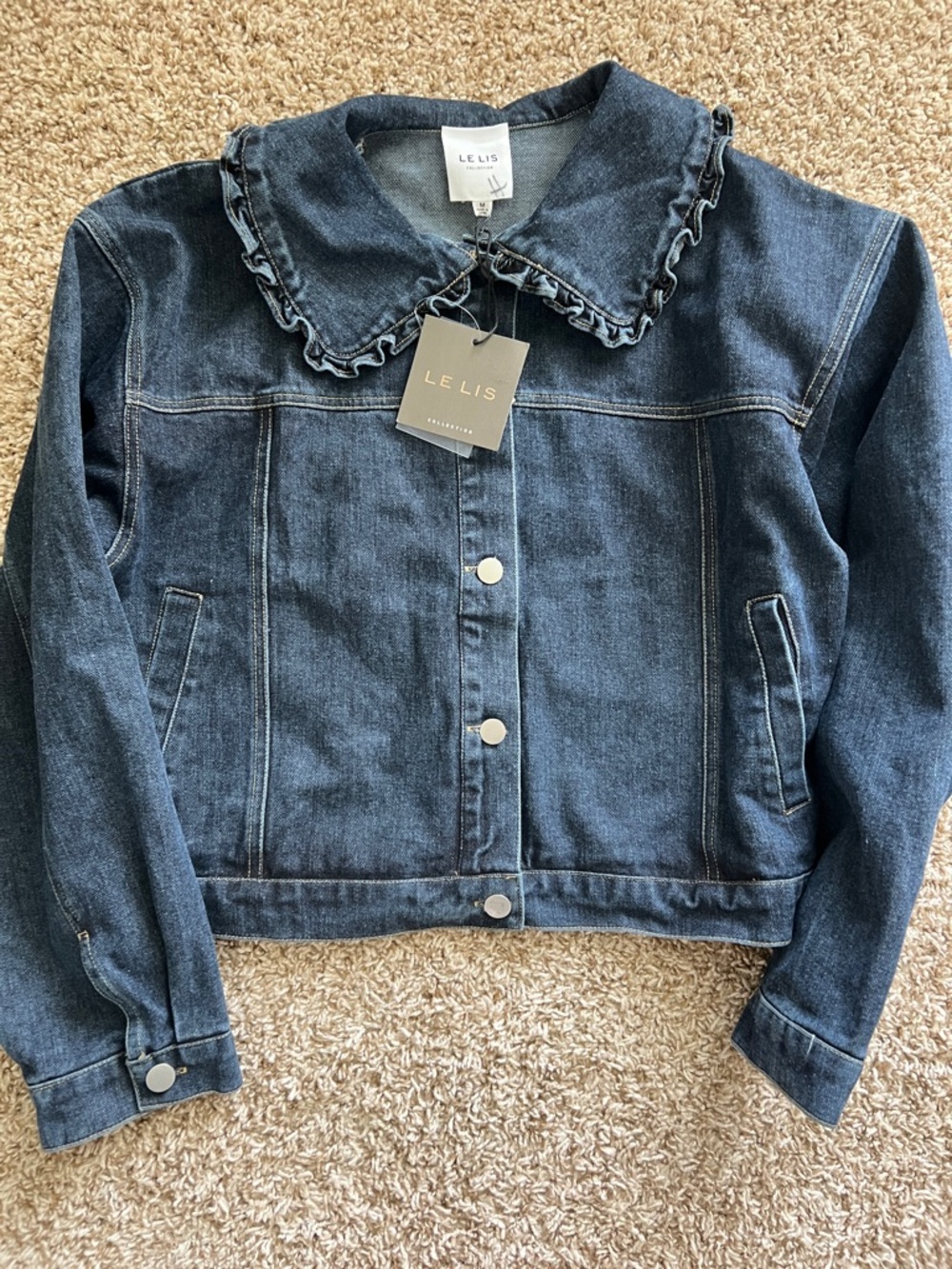 Le Lis Dark Blue Ruffle Collar Denim Jacket